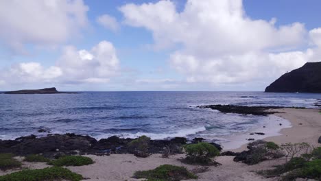 aerial-footage-moving-forward-across-a-sandy-beach-with-lush-greenery-toward-the-blue-water-of-the-Pacific-Ocean-on-the-island-of-Oahu-Hawaii-with-gentle-waves-rolling-in