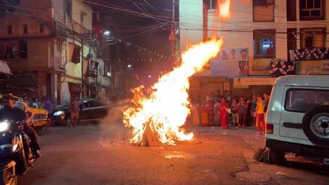 Shot-of-Holika-Dahen-on-vintage-streets-of-Kolkata,-India