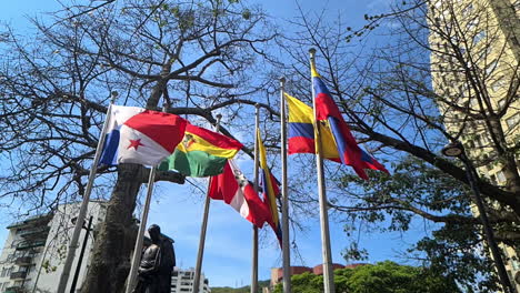 Banderas-Nacionales-De-Algunos-Países-Sudamericanos-Sobre-El-Monumento-A-Simón-Bolívar-En-El-Parque-Del-Centro,-Cali,-Colombia.