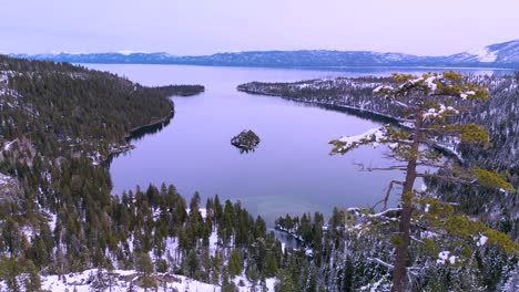 Aerial-view-of-Emerald-Bay-overlook,-Lake-Tahoe,-California-with-tree-in-foreground-winter