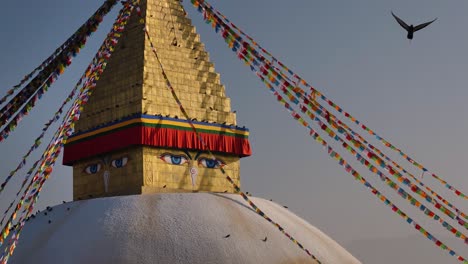 Close-shot-of-the-central-Stupa-and-eyes-of-Buddha,-Boudhanath-Temple,-Kathmandu,-Nepal
