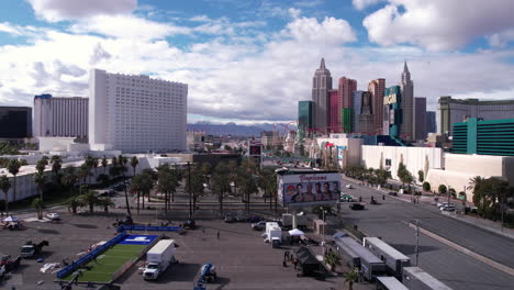 Las-Vegas-USA,-Aerial-View-of-Former-Tropicana-Casino-Hotel,-MGM-Grand,-New-York-New-York-and-Avenue-Traffic