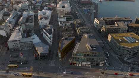 Modern-buildings-in-capital-city-centre-of-Iceland,-aerial