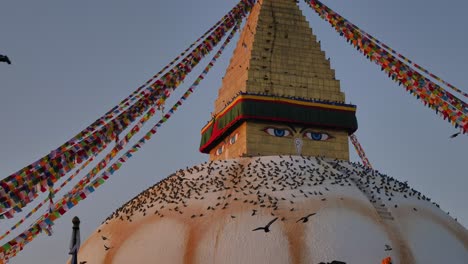 Medium-slow-motion-shot-of-pigeons-flying-around-the-central-Stupa,-Boudhanath-Temple,-Kathmandu,-Nepal