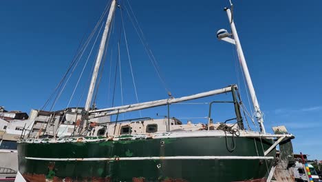 Pequeño-Y-Viejo-Velero-Dañado-Por-El-óxido-Abandonado-En-El-Puerto-Frente-A-Las-Viviendas-De-Los-Pescadores-Un-Día-Soleado,-Primer-Plano-Viajando-Hacia-Abajo