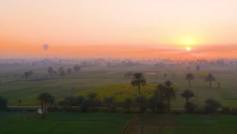 Soaring-above-the-lush-Nile-fields-during-the-enchanting-sunrise-in-West-Luxor,-Egypt,-witnessing-the-tranquil-beauty-of-the-fertile-landscape-to-the-golden-hues-of-the-evening-light
