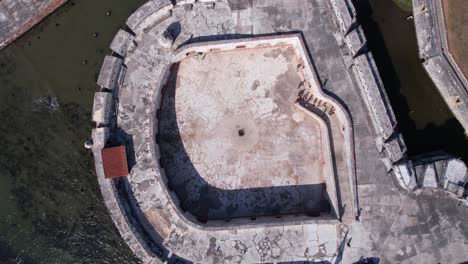 Top-Down-Aerial-View,-San-Fernando-Castle-on-Bocachica-Island,-Old-Colonial-Defence-of-Cartagena,-Colombia