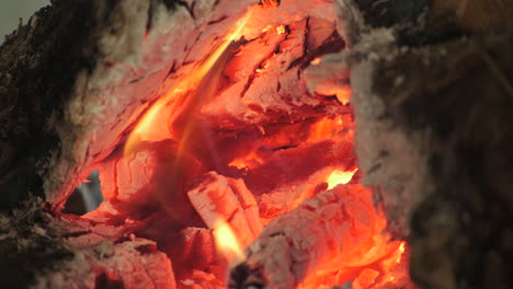 Glühende-Glut-Und-Flammen-In-Einem-Verkohlten-Holzscheit,-Die-Den-Natürlichen-Verbrennungsprozess-Darstellen