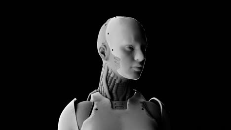 Prototipo-De-Robot-Humanoide-Cyborg-Girando-La-Cabeza-Hacia-Un-Lado-Sobre-Fondo-Negro