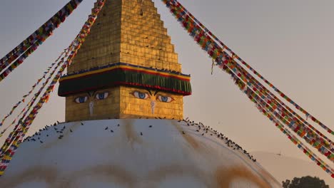 Close-shot-of-central-Stupa-at-sunset,-Boudhanath-Temple,-Kathmandu,-Nepal