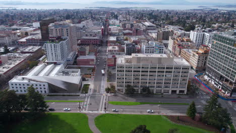 Berkeley-California-USA,-Art-Museum-and-Pacific-Film-Archive-and-Downtown-Buildings,-Drone-Shot