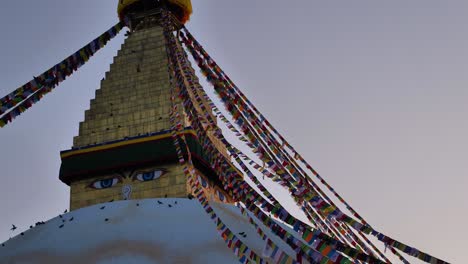 Medium-shot-close-view-of-the-central-Stupa-in-Boudhanath-Temple,-Kathmandu,-Nepal