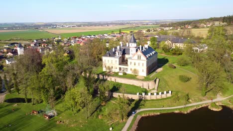 Panoramic-View-Of-Lakeshore-Radun-Chateau-During-Sunny-Day-Near-Opava-Village-In-Czech-Republic