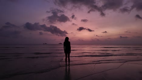 Silhouette-Einer-Frau-Am-Meeresufer-Bei-Sonnenuntergang