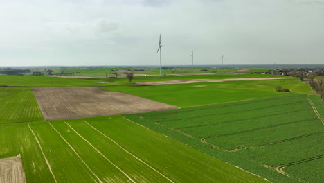 Vorwärts-Drohnenaufnahme-Von-Landwirtschaftlichen-Feldern-Mit-Wenigen-Turbinen-Am-Tag