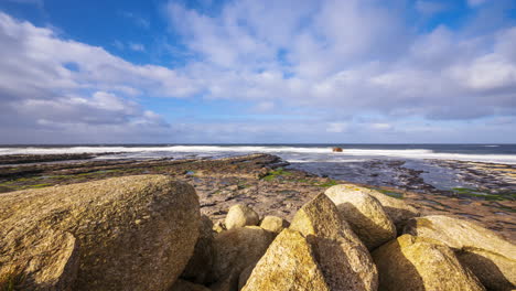 Timelapse-of-rugged-rocky-coastline-on-sunny-cloudy-day-with-ocean-tide-in-Easkey-in-county-Sligo-on-the-Wild-Atlantic-Way-in-Ireland