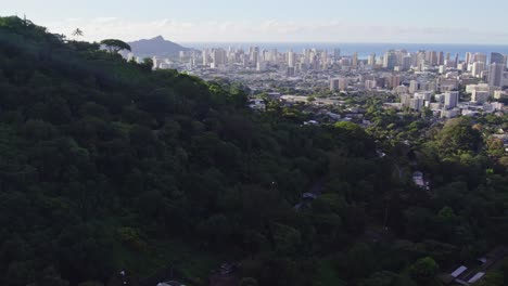 pan-right-shot-of-the-city-of-Honolulu-Hawaii-on-the-island-of-Oahu-with-a-lush-green-shaded-hillside-in-the-foreground-and-the-tall-buildings-of-the-metropolis-against-the-ocean-late-afternoon