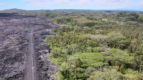 Drone-tracks,-revealing-vast-lava-fields-from-Leilani-eruption-on-Big-Island,-Hawaii