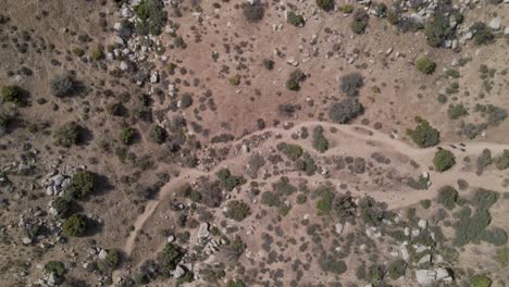 Toma-De-Arriba-Hacia-Abajo-Con-Dron-Captura-A-Excursionistas-Recorriendo-Los-Desiertos-Del-Sur-De-California