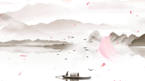 China's-traditional-Oriental-Digital-Art-Animation,-Chinese-painting-ink-in-mountain-with-flowers,-tree,-birds,-river-in-fog-background-artwork