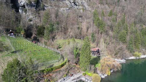 Drohnenclip,-Der-Eine-Abgelegene-Holzhütte-Am-Seeufer-In-Den-Schweizer-Alpen-Zeigt,-Umgeben-Von-Bäumen
