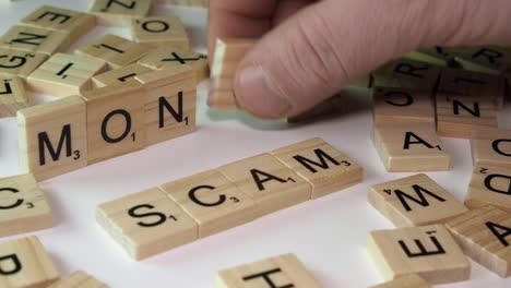 Close-up:-Hand-forms-words-MONEY-and-SCAM-with-Scrabble-letter-tiles