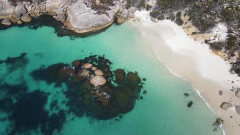 Drone-Aéreo-Panorámico-Sobre-Una-Playa-Aislada-Con-Agua-Azul-Brillante-En-Australia