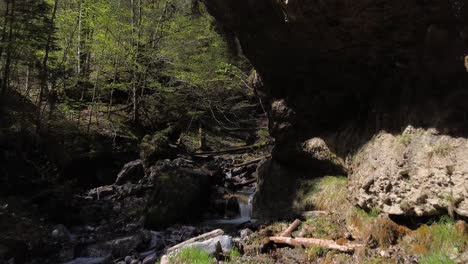 Gebirgsfluss-Im-Zauberwald-Mit-Wasser,-Das-Von-Den-Klippen-In-Österreich,-Europa-Fällt