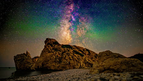 Toma-De-Timelapse-De-Coloridas-Estrellas-Del-Cielo-Nocturno-Vía-Láctea-A-Través-De-La-Noche-Sobre-Una-Playa-Rocosa