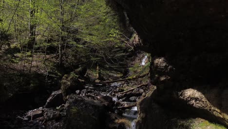 Agua-Cayendo-Desde-Un-Acantilado-En-Un-Bosque-Mágico-Con-Un-Río-De-Montaña-En-Austria,-Europa