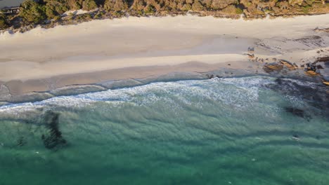 Eine-Drohnenluftaufnahme-Bewegt-Sich-Nach-Links-über-Einen-Schönen-Strand-Mit-Weißem-Sand-In-Westaustralien