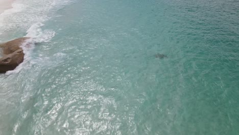 Drohnen-Luftaufnahme-über-Einem-Kleinen-Strand-Mit-Blauem-Wasser-An-Einem-Bewölkten-Tag