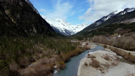 Aerial-views-of-a-mountain-Valley-with-snow-in-the-spanish-Pyrenees