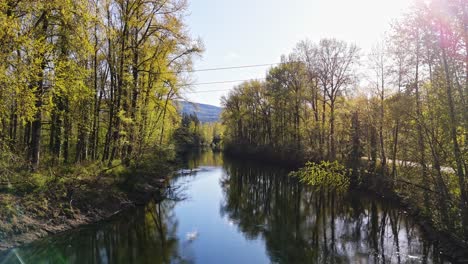 Beautiful-shot-from-bridge-showing-calm-flowing-Snoqualmie-Middle-Fork-River-in-North-Bend,-Washington-State