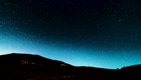 Starry-twilight-turns-dark-as-the-Milky-Way-core-rises-above-the-silhouetted-landscape---time-lapse