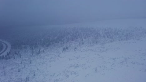 Aerial-tracking-shot-of-arctic-forest-and-a-road,-foggy-winter-day-in-Inari,-Lapland