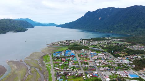 Aerial-View-Hualaihué,-A-Chilean-commune-located-in-Palena-Province,-Los-Lagos-Region-Beside-Fjord-Waterway