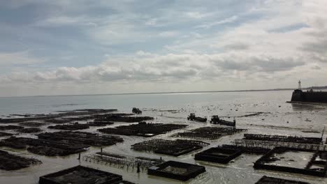 Aerial-4K-Drone-footage-of-a-large-oyster-farm,-Terrain-de-culture-d‘huîtres,-on-the-beach-of-Cancele,-Brittany,-France