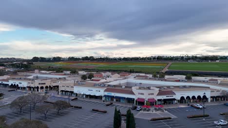 Drone-Flight-Carlsbad-Premium-Outlets-Covering-Southwest-Corner-Moving-towards-Middle-of-Mall-Flower-Fields-Background-Partial-Bloom-Colorful-stripes-and-Green