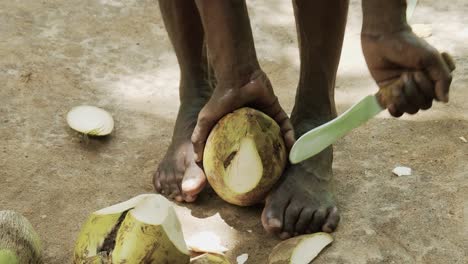 Tanzanian-Man-Peeling-Coconut-With-Knife-In-Spice-Farm,-Zanzibar,-Tanzania,-Africa