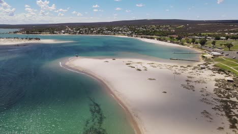 Drone-aerial-rising-and-panning-down-over-the-Kalbarri-blue-lagoon-in-the-town-centre