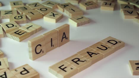 La-Mano-Forma-Las-Palabras-Cia-Y-Fraude-De-Letras-De-Mosaicos-De-Scrabble-En-La-Mesa.