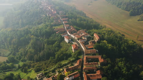 Aerial-view-of-a-long-road-in-middle-of-buildings,-in-hazy-Scurzolengo,-Italy