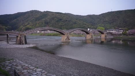 Schwenk-über-Die-Iwakuni-Kintaikyo-Brücke-Im-Frühling,-Sakura-Blüht-über-Dem-Fluss