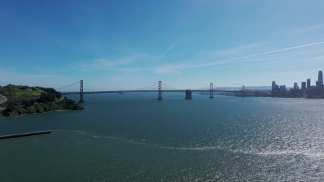 Drone-aerial-shot-of-San-Francisco-and-the-Oakland-Bay-Bridge