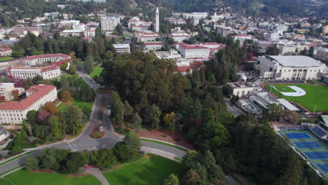 Vista-Aérea,-Campus-De-La-Universidad-De-California-Berkeley-Usa,-Parque-Y-Edificios,-Revelador-Disparo-De-Drone