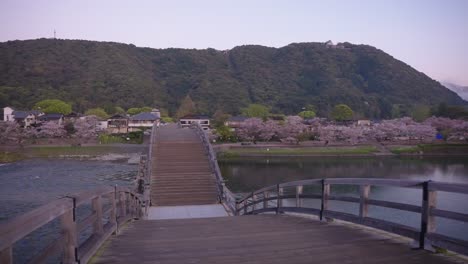 Spring-morning-in-Yamaguchi-Japan,-Iwakuni-Kintaikyo-Bridge-with-Sakura-and-Mist