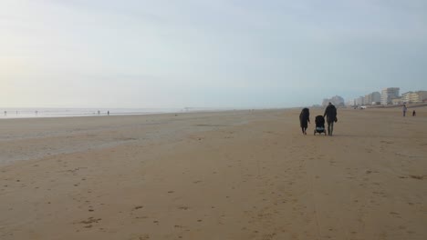 People-walking-on-Beach-in-Vendée-Department-during-cold-day,-France