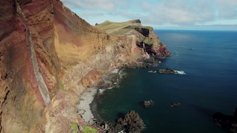 Aerial-Footage-of-Rocky-Coast,-High-Red-Cliffs,-Calm-Ocean,-Cloudy-Sky