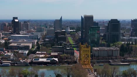 Drone-aerial-shot-of-downtown-Sacramento-with-the-Tower-Bridge-in-view